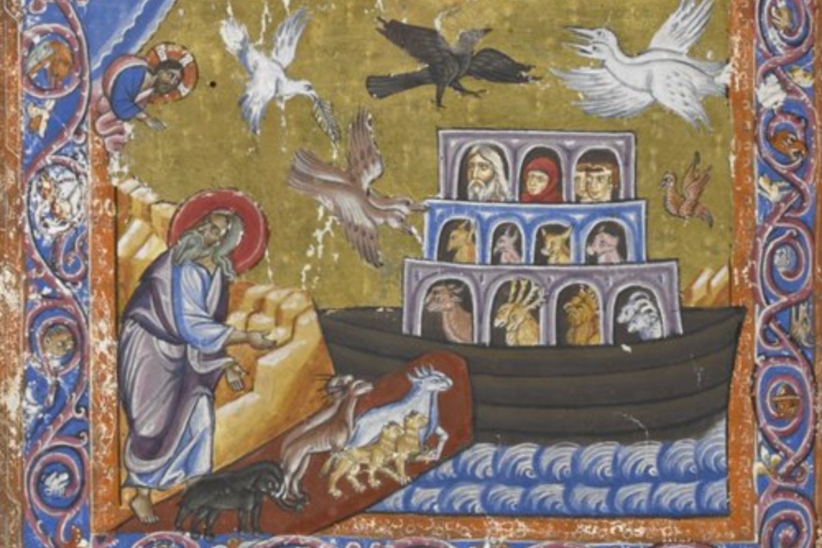 Medieval manuscript illumination of Noah's Ark, depicting Noah guiding animals onto the ark, with birds flying above and figures inside.